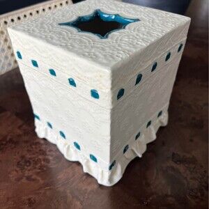 Vintage Tissue Box Cover Holder Blue & White Lace Ruffled Trim Grandmillennial